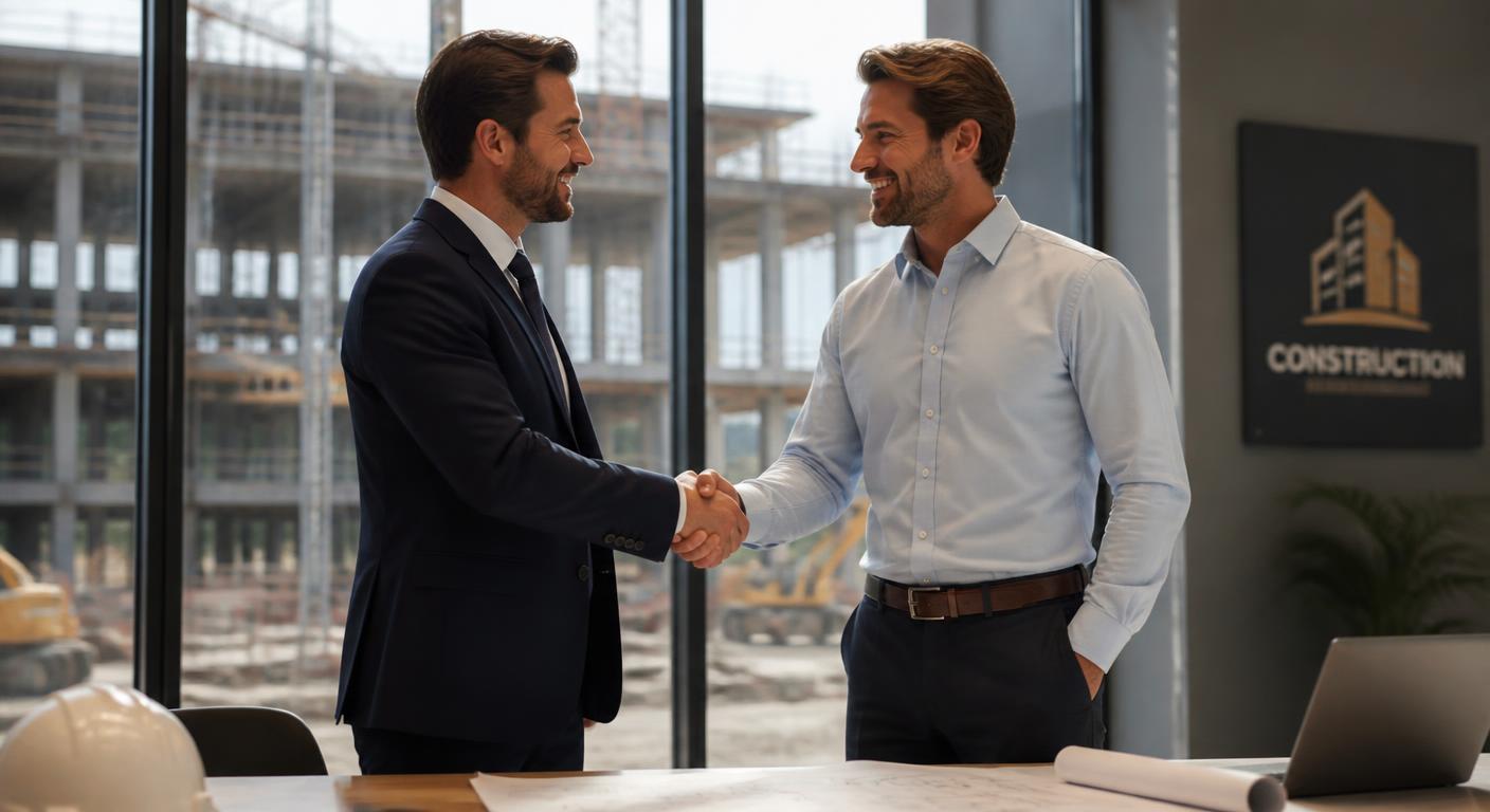 Avvocato e imprenditore edile si stringono la mano nella sede dell'impresa di costruzioni